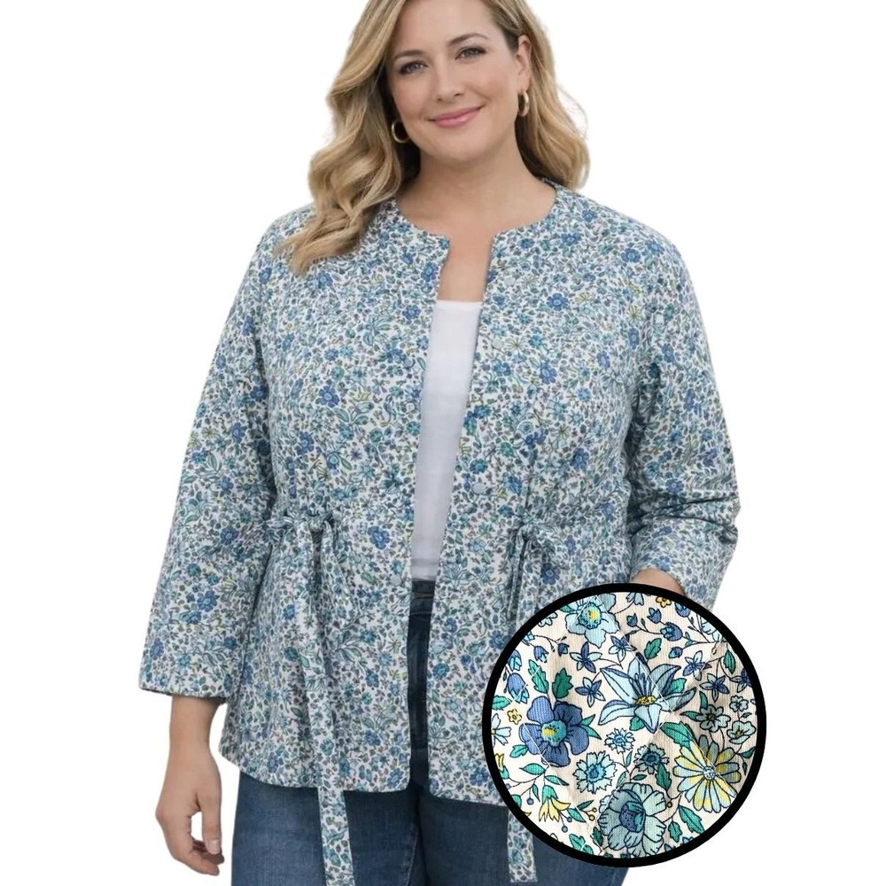St. John's Bay Blue Floral Quilted Jacket Large Tie Waist Cotton Pockets